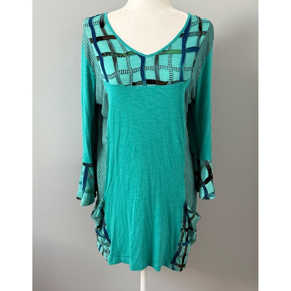 Parsley & Sage Patchwork Mini Dress Tunic Top 3/4 Bell Sleeve Pockets Teal L